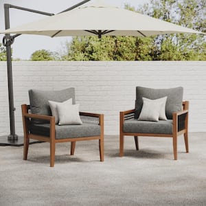 Freya Bohemian Dark Acacia Solid Wood Frame Upholstered Outdoor Lounge Chair with Dark Gray Cushion, Set of 2