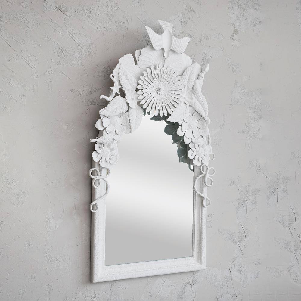 Antique White Wood Rectangular Mirror with Embossed Metal Flowers and Birds
