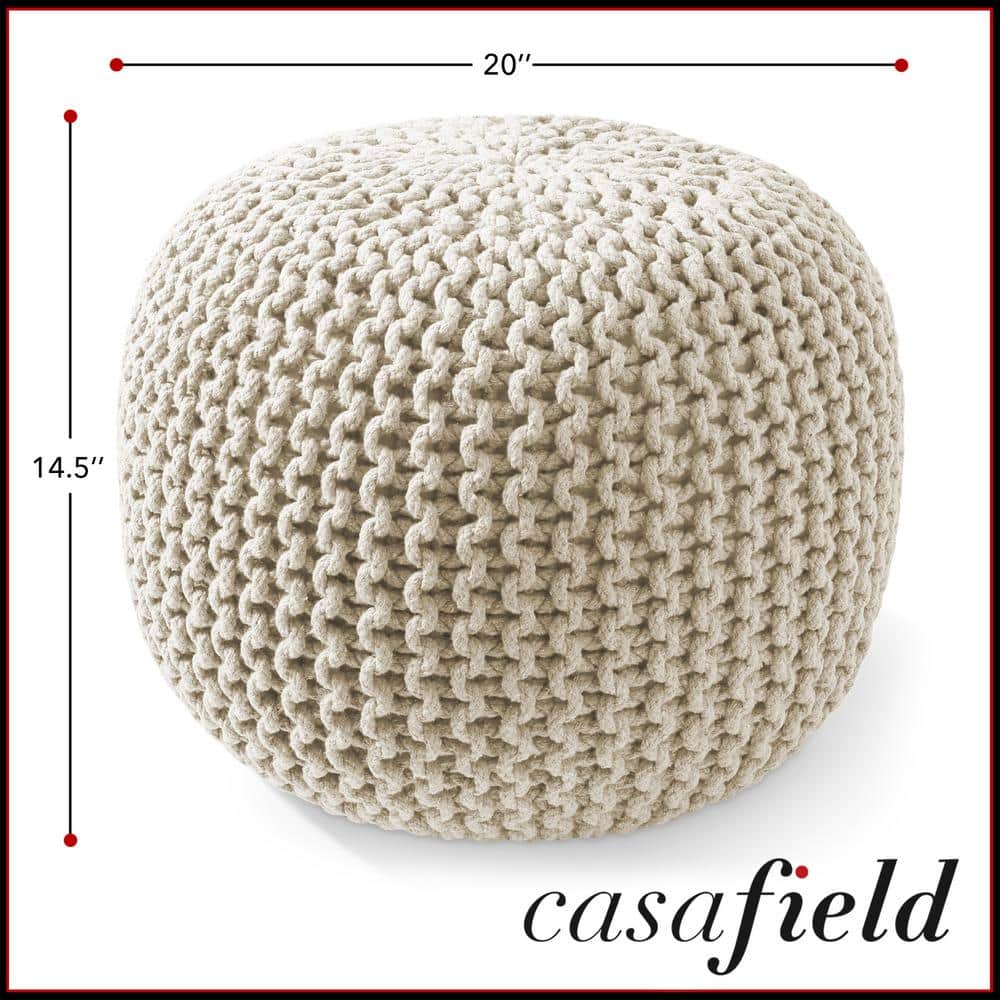 Natural Cotton Knit Round Pouf Ottoman, 20" x 14.5"