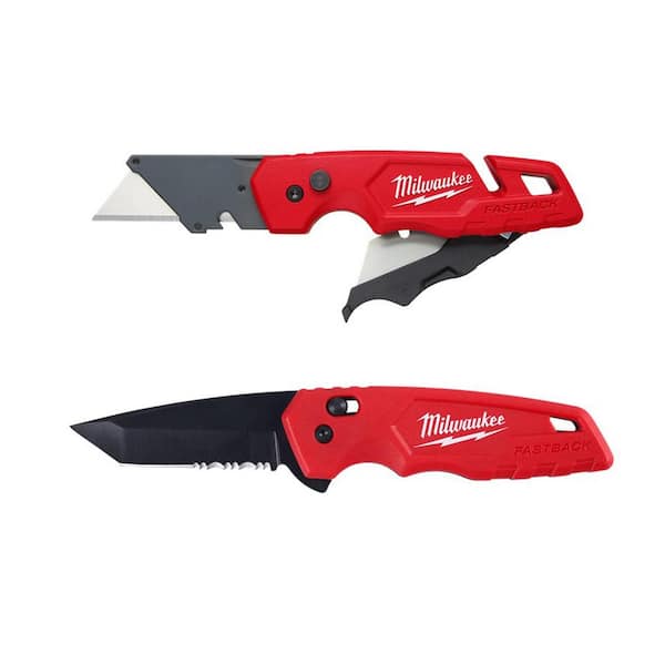 Milwaukee FASTBACK 1 in. Folding Utility Knife w/Blade Storage & FASTBACK Stainless Steel Spring Assisted Folding Knife (2-Pack)