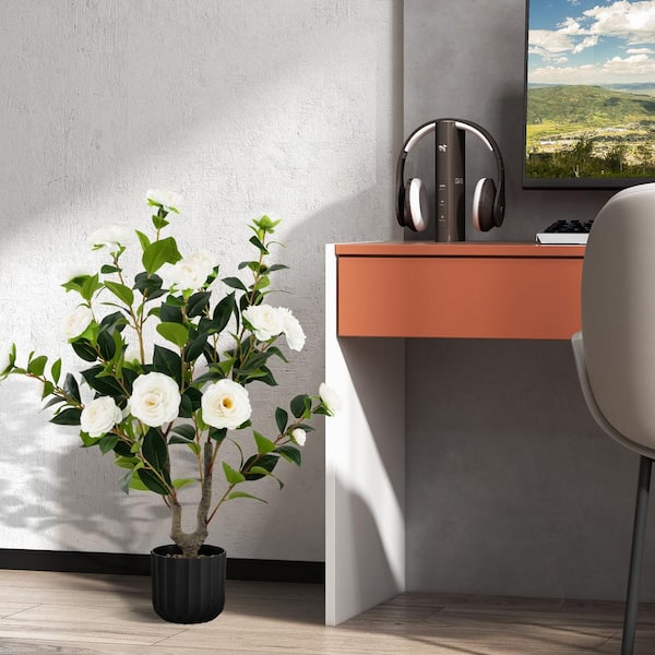 ANGELES HOME 3 ft. White Artificial Camellia Tree Bonsai Faux Flower Plant in Cement Pot