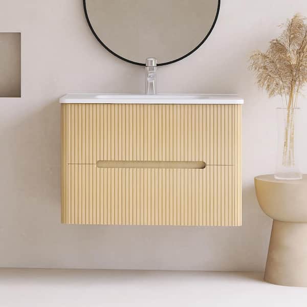 30 in. Single Sink Wall-Mounted Natural Oak Bathroom Vanity with White Ceramic Top