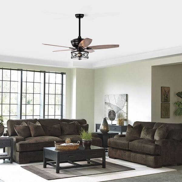 Pull Chain 52in 5-Blade Woodgrain Caged Rustic Caged LED Ceiling Fan 