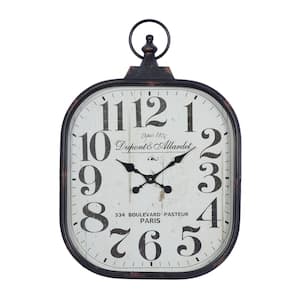 18 in. x 26 in. Black Metal Distressed Pocket Watch Style Wall Clock with Ring Finial