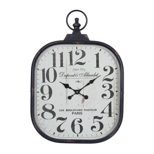 Litton Lane 18 in. x 26 in. Black Metal Distressed Pocket Watch Style Wall Clock with Ring Finial