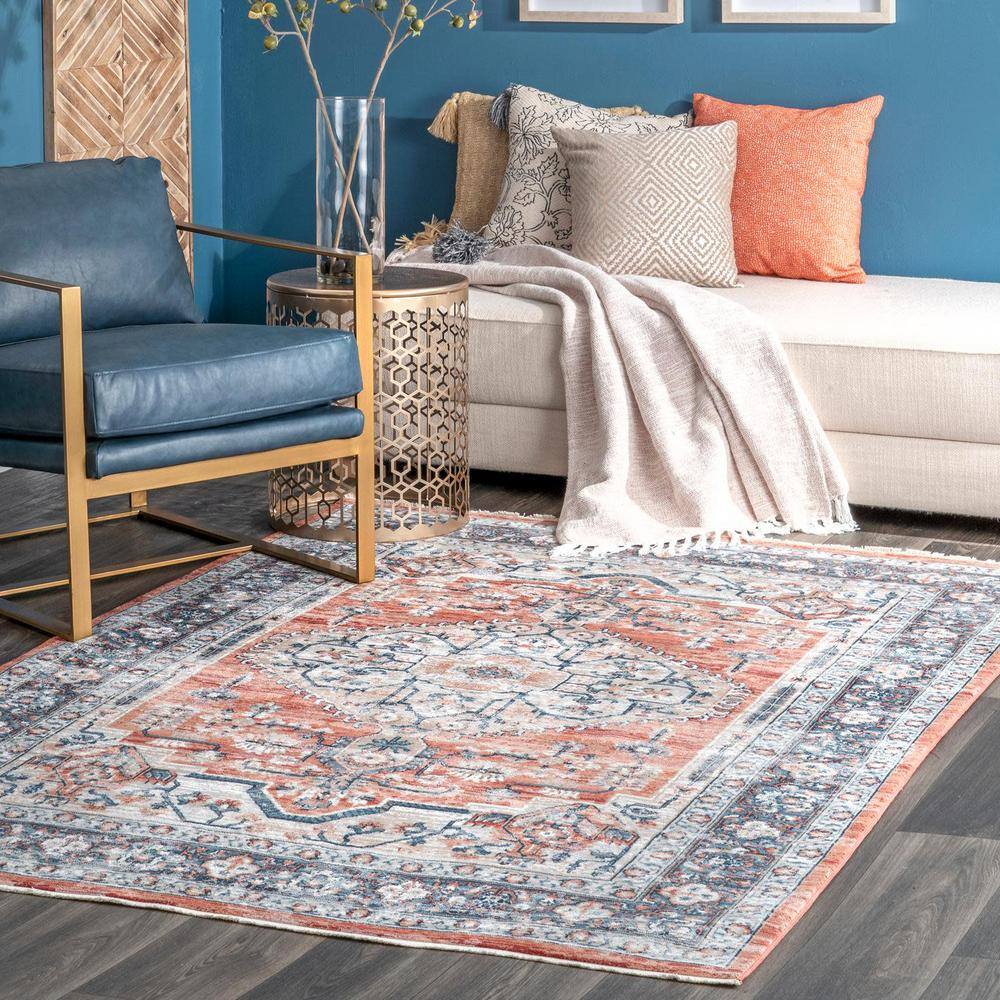 Vintage Red and Blue Medallion Synthetic Runner Rug