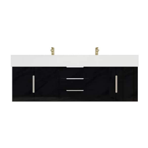 Bethany 59 in. W. x 20 in. D x 22 in. H Double Sink Floating Bath Vanity in Gloss Black with White Acrylic Top