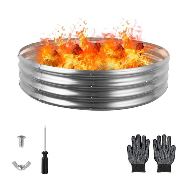 48 in. Round Fire Pit Ring Galvanized Steel Rust Resistant Silver 1-Piece
