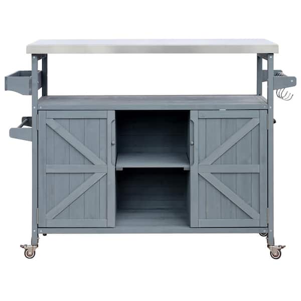 Unbranded Grey Blue Wood Patio Outdoor Bar, Rolling Bar Cart and Storage Cabinet with Stainless Steel Top for Kitchen, Barbecue