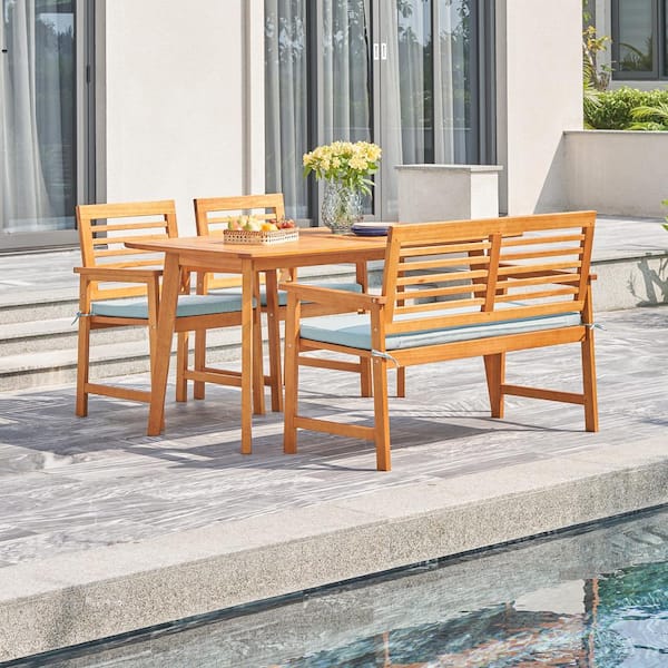 Afoxsos Teak Brown 4-Piece Slatted Eucalyptus Wood Outdoor Dining Set with 1 Bench, 2 Chairs and Blue Cushion