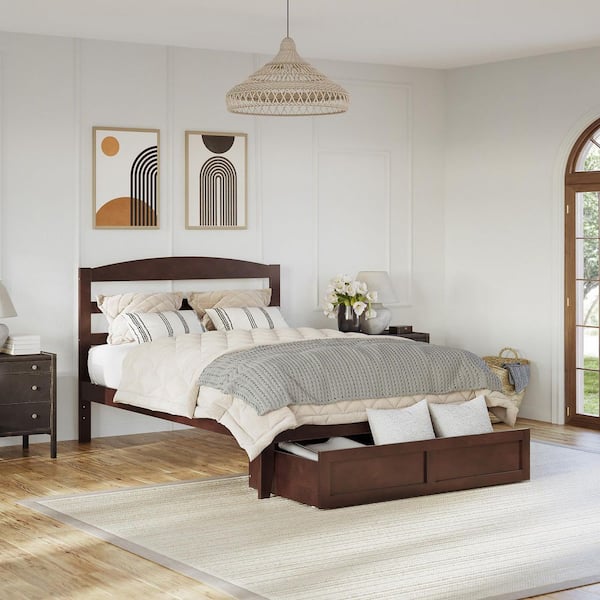 Warren 53-1/2 in. W Walnut Full Solid Wood Frame with Foot Drawer and Attachable USB Device Charger Platform Bed