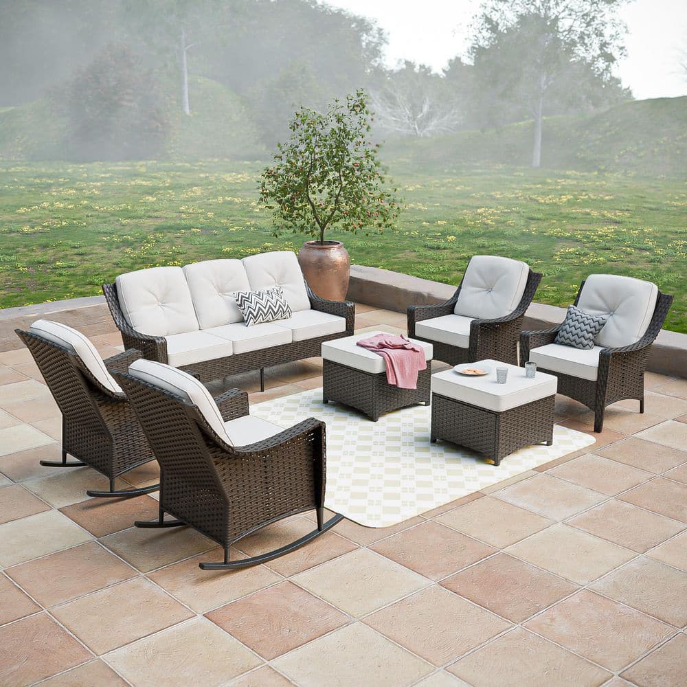 Brown 8-Piece Wicker Patio Conversation Set with Rocking Chairs, Outdoor Sofa Seating Set with Olefin Beige Cushions price history on PriceWatchPro
