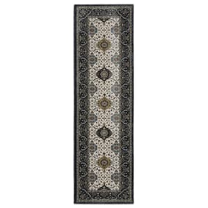 Victoria Ivory/Navy 2 ft. x 8 ft. Oriental Panel Medallion Polyester Fringed-Edge Indoor Runner Area Rug