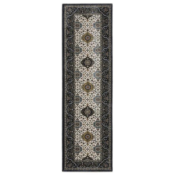 AVERLEY HOME Victoria Ivory/Navy 2 ft. x 8 ft. Oriental Panel Medallion Polyester Fringed-Edge Indoor Runner Area Rug