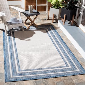 Courtyard Ivory/Navy 7 ft. x 7 ft. Square Solid Color Striped Indoor/Outdoor Area Rug