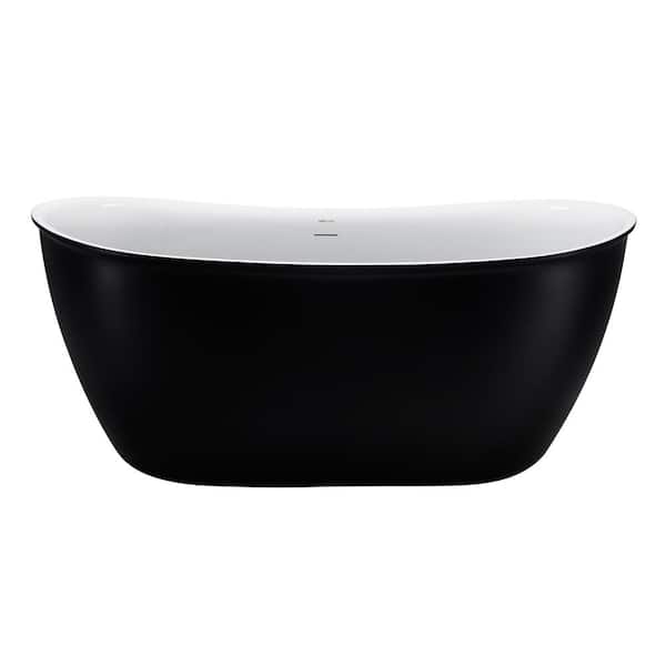 VANITYFUS 58.5 in. Acrylic Freestanding Flatbottom Soaking Bathtub in Matte Black with Brass Drain and Overflow