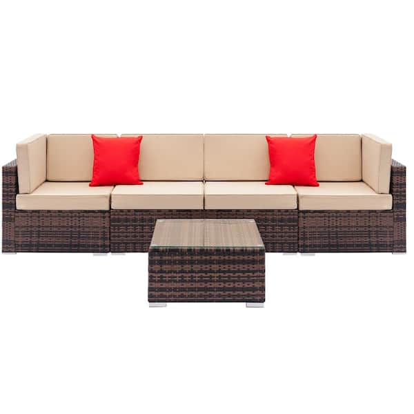 Karl home Brown 5-Piece Wicker Outdoor Sectional Set with Beige Cushions