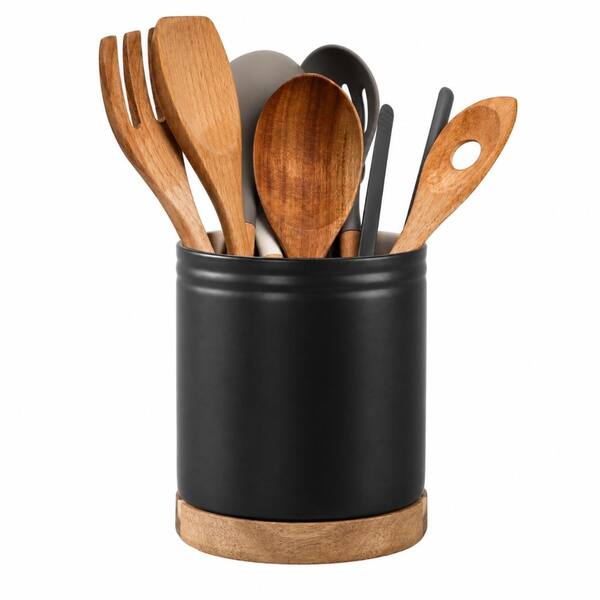 Matte Black Ceramic Utensil Holder with 360° Rotating Removable Base and Cork Bottom