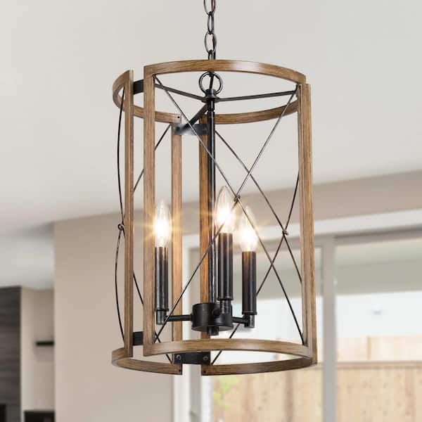 LNC Gina 3-Light Farmhouse Industrial Drum Chandelier Rustic Gray Cage Island Dining Room Chandelier with Faux Wood Accents
