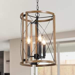 Gina 3-Light Farmhouse Industrial Drum Chandelier Rustic Gray Cage Island Dining Room Chandelier with Faux Wood Accents