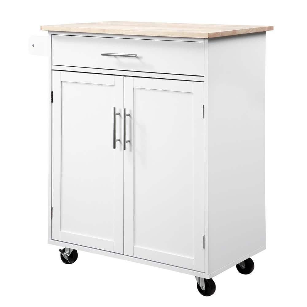 White Wood 32.8 in. Kitchen Island on Wheels with Drawer, Storage Cabinet a