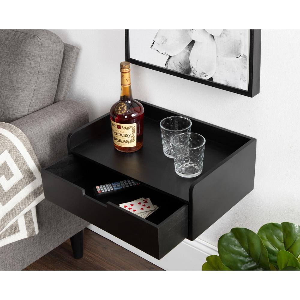 Modern Black Wood Floating Shelf Side Table with Storage