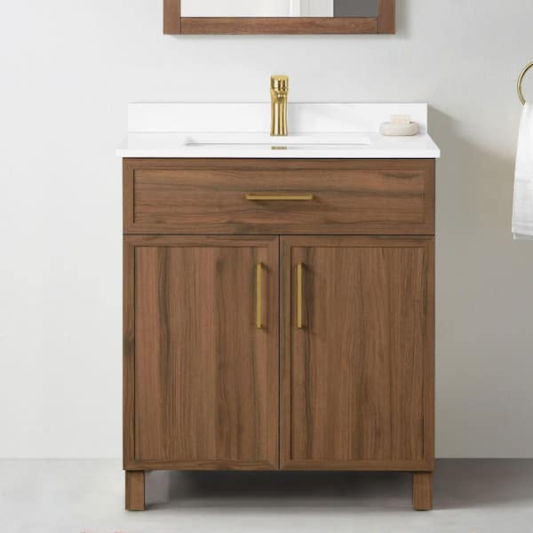 Home Decorators Collection Bilston 30 in. Single Sink Spiced Walnut Bath Vanity with White Engineered Stone Top (Assembled)