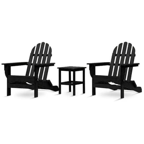 DUROGREEN Icon Black Recycled Plastic Folding Adirondack Chair with Side Table (2-Pack)