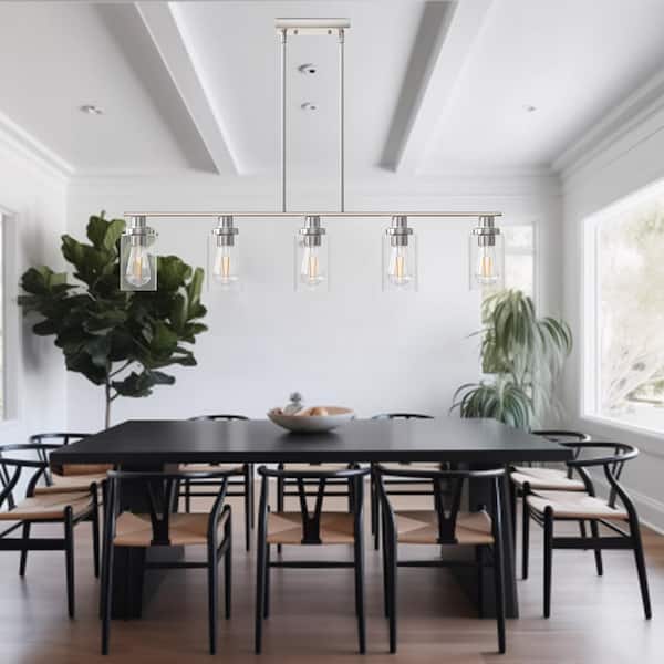 5-Light Elegant Brushed Nickel Island Chandelier with Clear Glass,Pendant Light Perfect for Dining and Kitchen Spaces