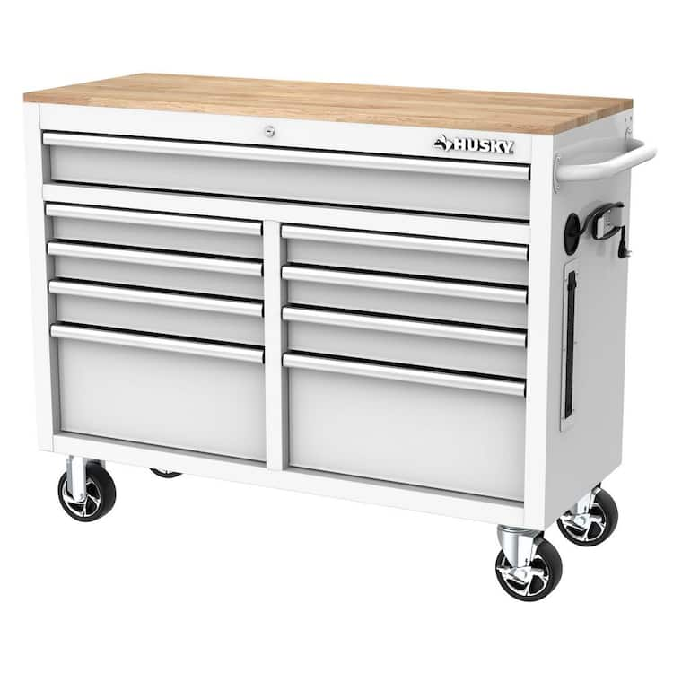 Husky Tool Storage 46 in. W x 18 in. D 9-Drawer Gloss White Mobile Workbench Cabinet