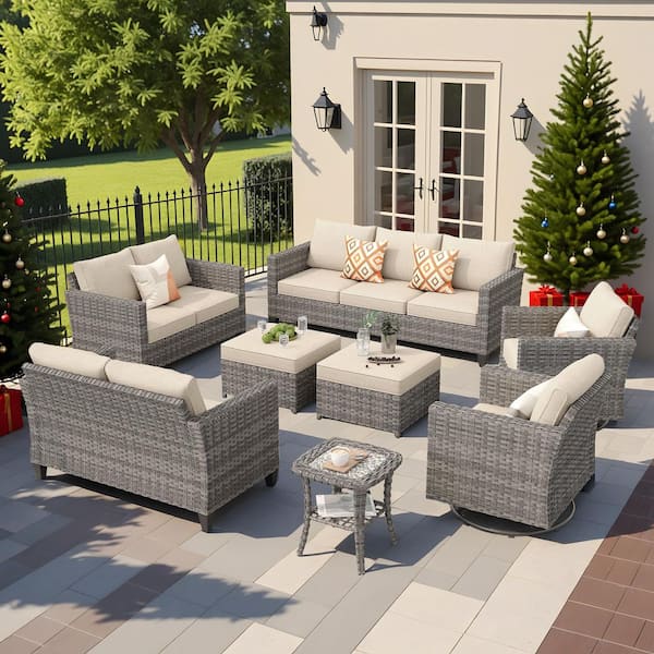 OVIOS New Star Gray 8-Piece Wicker Patio Conversation Seating Set with Beige Cushions and Swivel Chairs