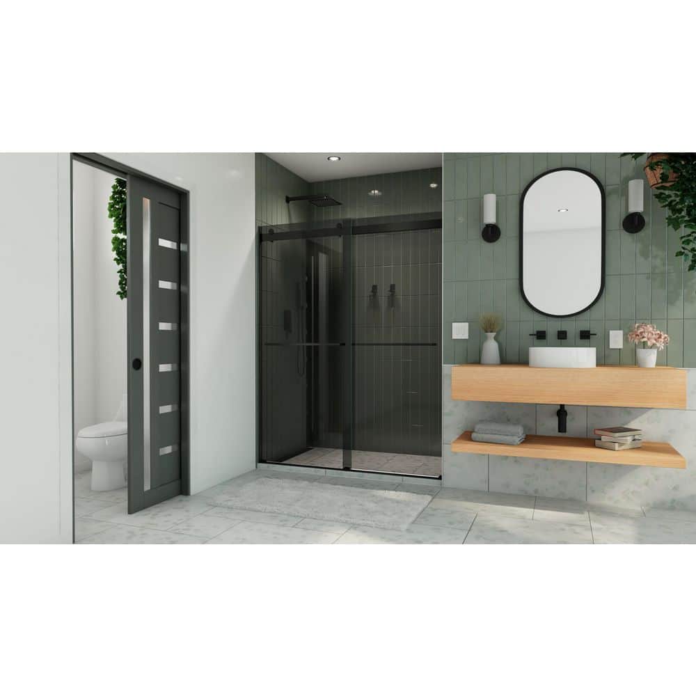 Essence 56-60" Frameless Matte Black Sliding Shower Door with Smoke Gray Glass