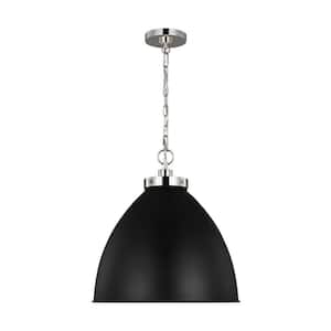 Wellfleet 17.5 in. W x 19.5 in. H 1-Light Midnight Black/Polished Nickel Large Dome Pendant Light with Steel Shade