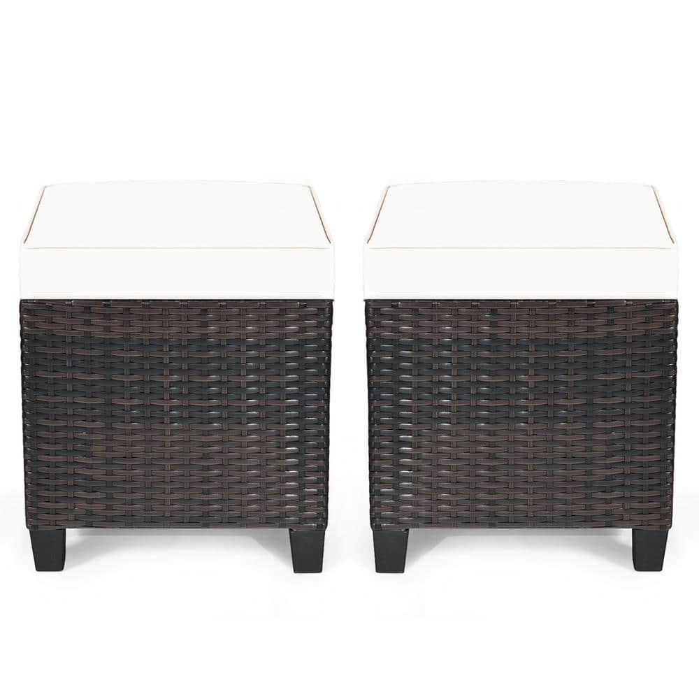 Mix Brown Frame Wicker Outdoor Ottomans with White Cushions (2-Pack)
