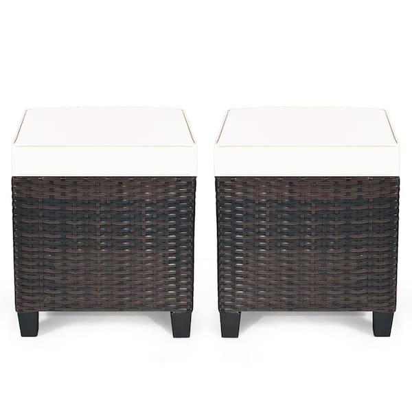 Unbranded Mix Brown Frame Wicker Outdoor Ottomans with White Cushions (2-Pack)