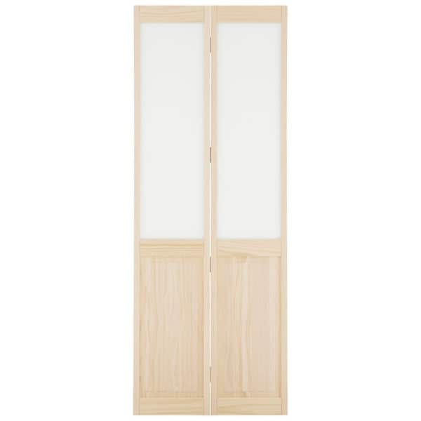 Pinecroft 30 in. x 80 in. Frosted Glass Over Raised Panel Frost 1/2-Lite Pine Wood Interior Bi-fold Door