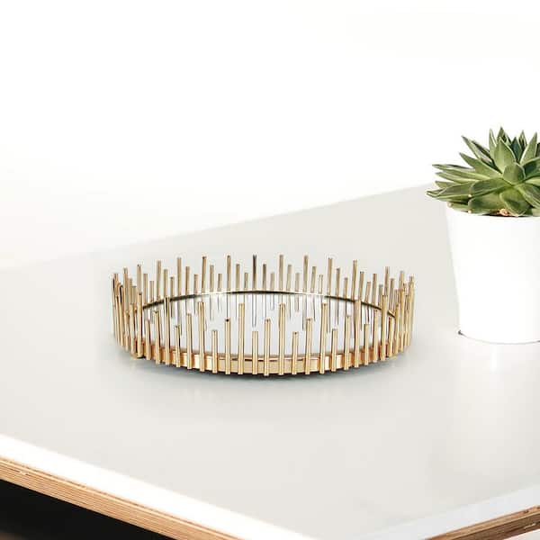 LIVING LUXURY Sunburst 10 in. Gold Round Metal Mirror Decorative Tray