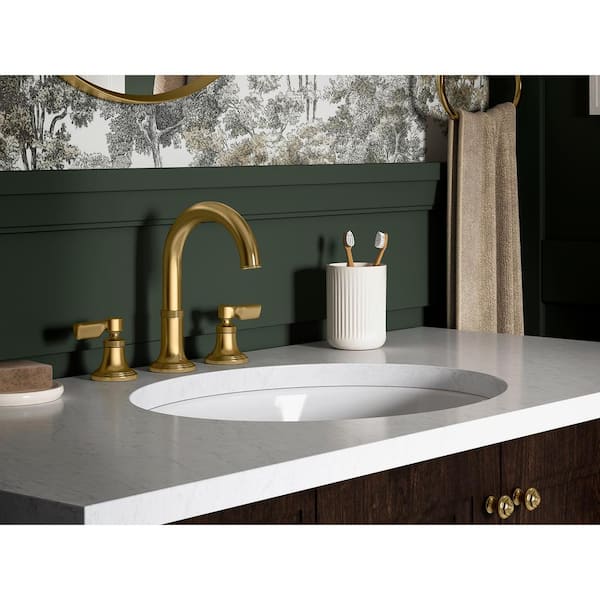 Paces 8 in. Widespread Double Handle Bathroom Faucet with Lever Handles in Vibrant Brushed Moderne Brass