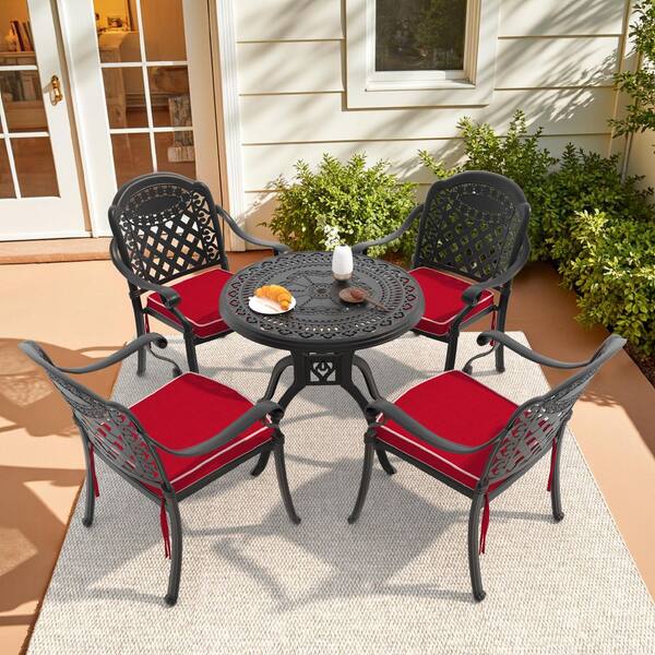 Isabella Black 5-Piece Cast Aluminum Outdoor Dining Set with Round Table and Dining Chairs and Red Seat Cushion