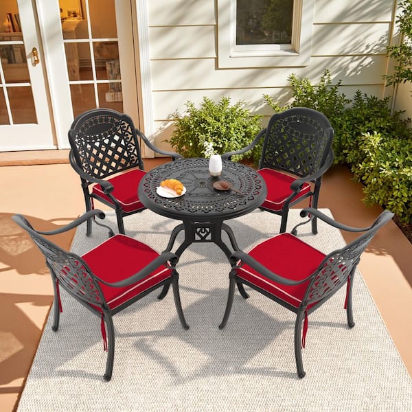 Isabella Black 5-Piece Cast Aluminum Outdoor Dining Set with Round Table and Dining Chairs and Random Color Seat Cushion