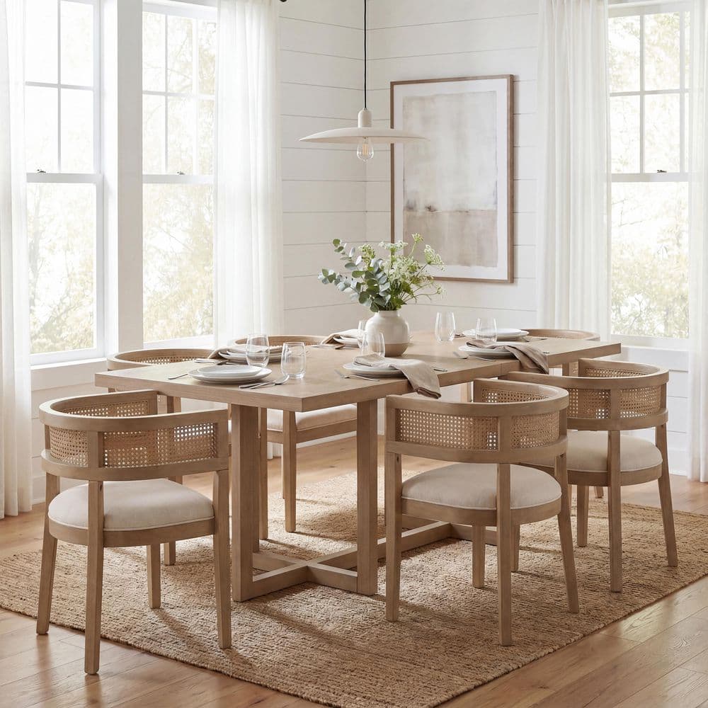 Tamara 7-Piece Wood Top Dining Set with Beige and Light Ash Fabric Upholstered Dining Chairs, Dining Table, Seats 6