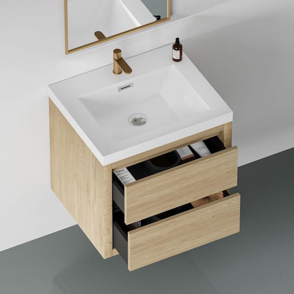 24 in. Single Sink Floating Oak Bath Vanity with White Resin Top (Assembled), Soft Close Drawers, U-shape Drair