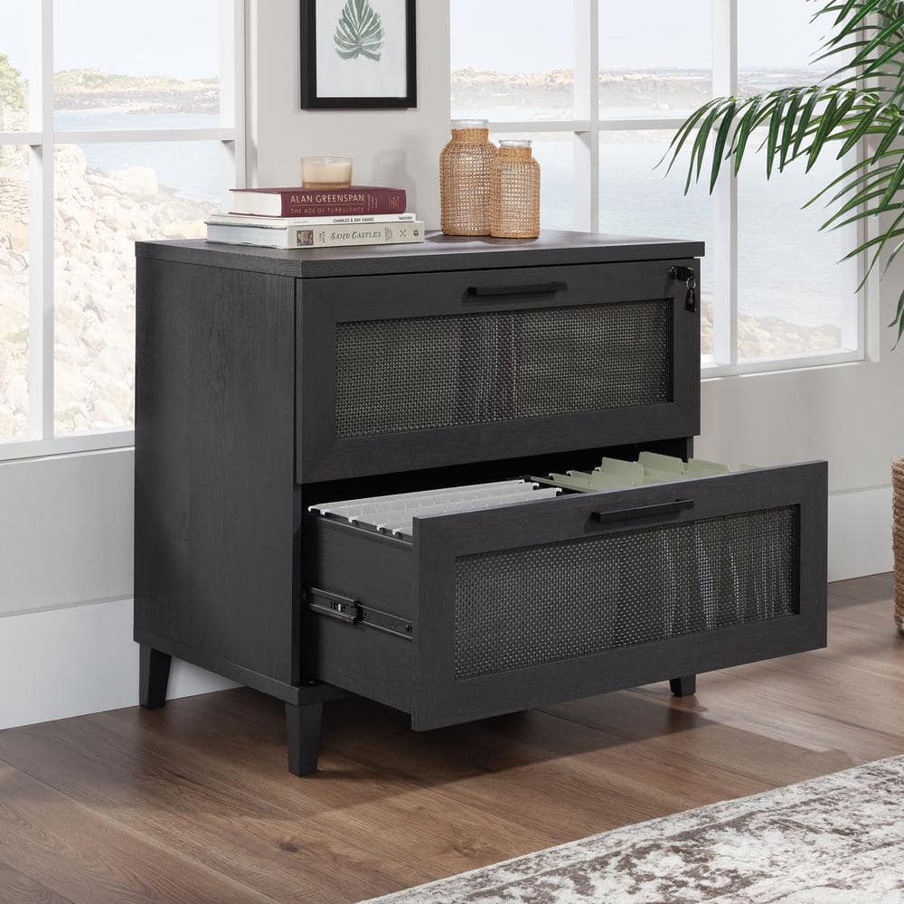 Raven Oak 2-Drawer Lockable Lateral File Cabinet with Rattan Inserts