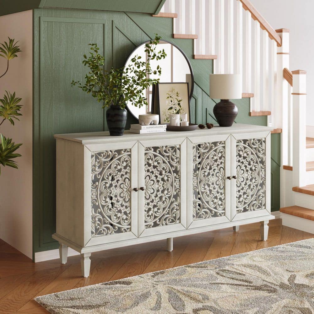59.84 in. Antique Grey White Wood Buffet Cabinet with Floral Carved Doors, Adjustable Shelves for Living, Dining Room