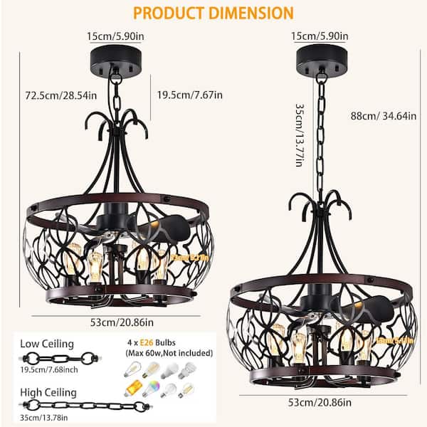 20.86 in. Black Caged Farmhouse Downrod Ceiling Fan with Remote and APP Included for Living Room, No Bulbs Included