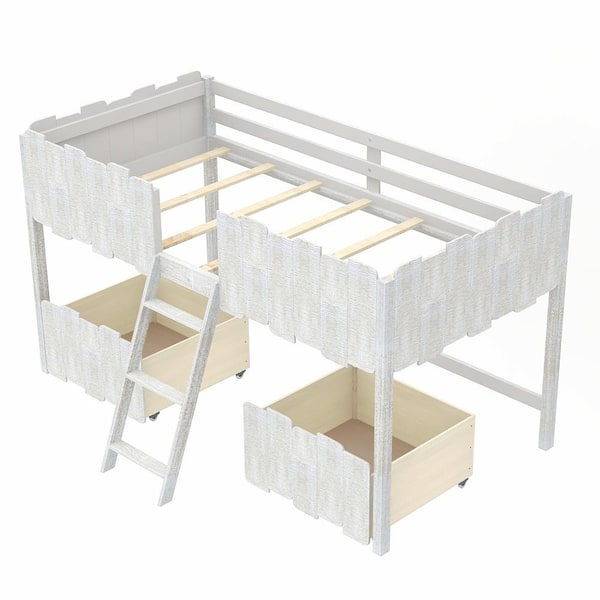 White Rustic Twin Size Loft Bed, Elevated Bed Frame With Drawers