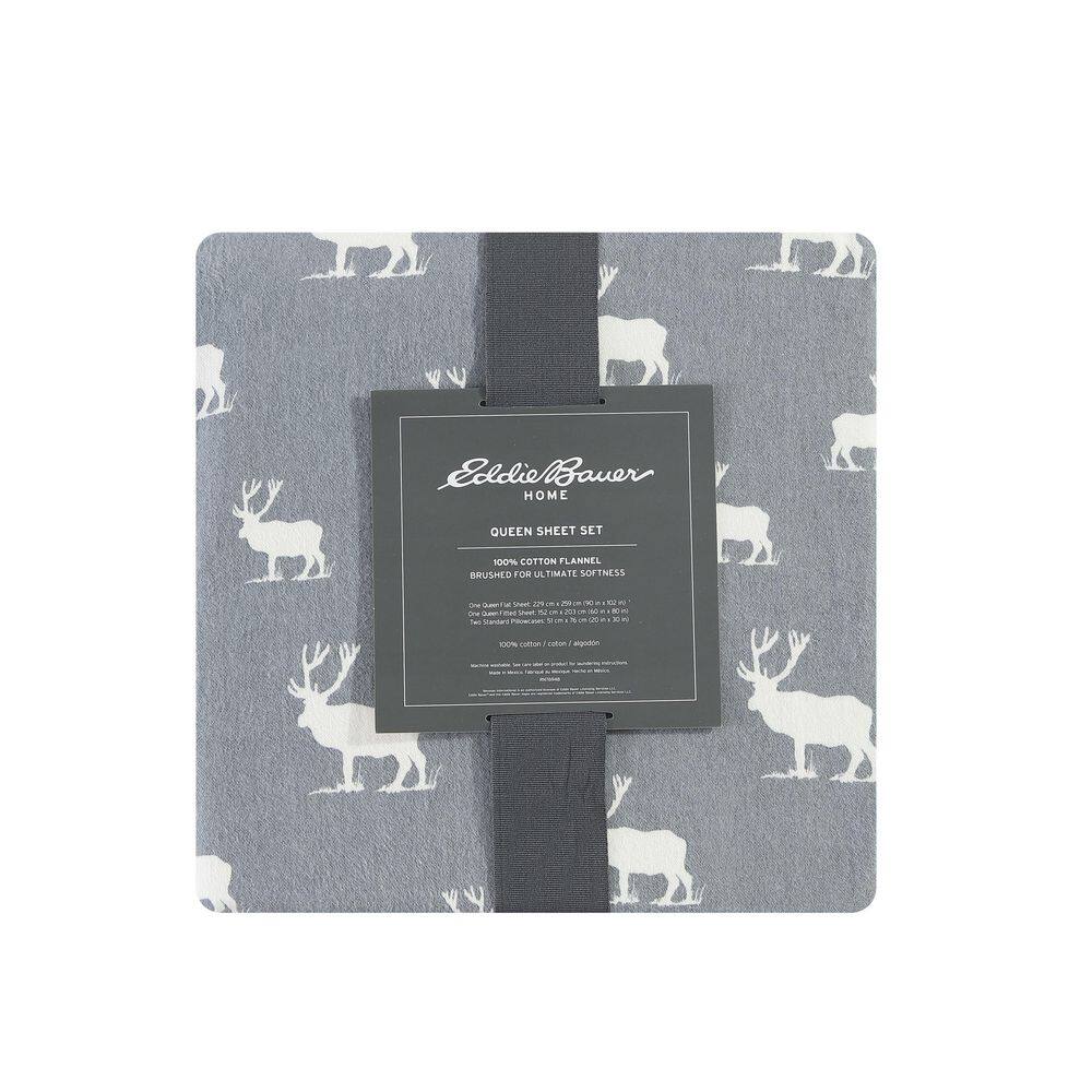 Gray Elk Grove Cotton Flannel Full Sheet Set with Deer Pattern