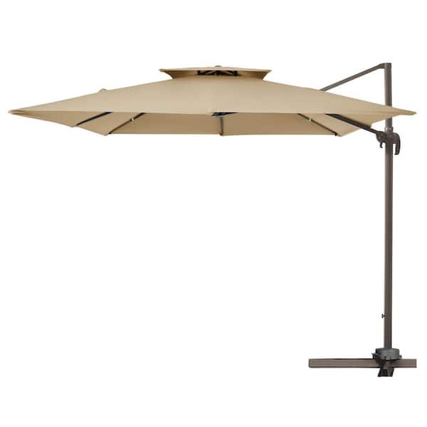 JEAREY 12 ft. x 12 ft. Square Two-Tier Top Rotation Outdoor Cantilever Patio Umbrella with Cover in Beige