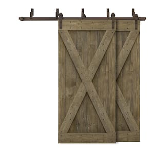 72 in. x 84 in. X Bypass Aged Barrel Stained DIY Solid Wood Interior Double Sliding Barn Door with Hardware Kit