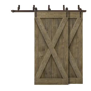 76 in. x 84 in. X Bypass Aged Barrel Stained DIY Solid Wood Interior Double Sliding Barn Door with Hardware Kit